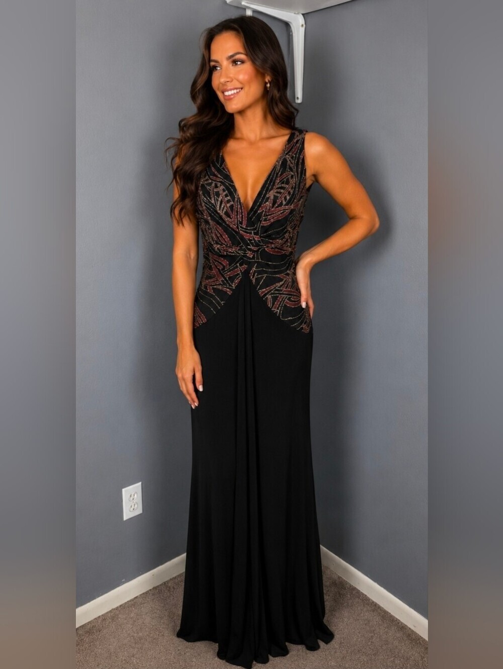 Joseph Ribkoff Black Maxi Dress with Rose Gold Beaded Bodice